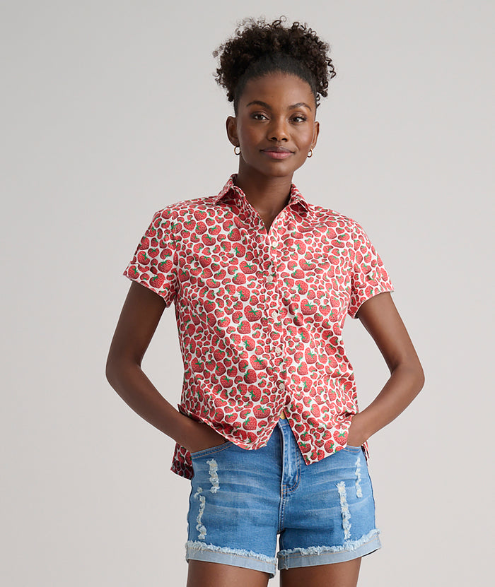 Model is wearing UNTUCKit Jamie shirt in strawberry print.