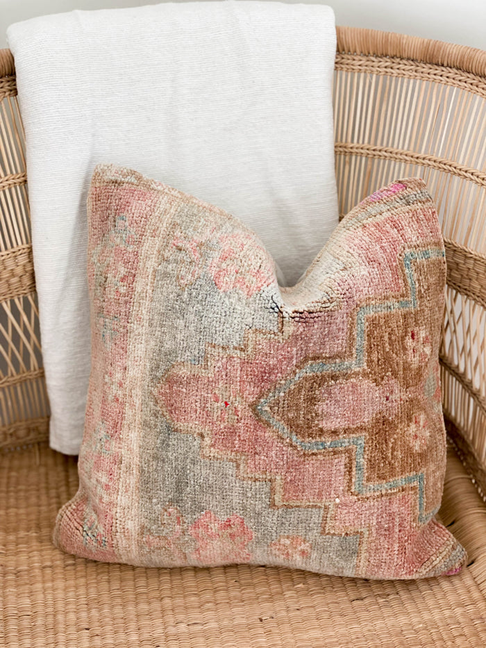 Teresa II Handmade Turkish oushak pillow cover made with vintage rugs 16x16  pink blue