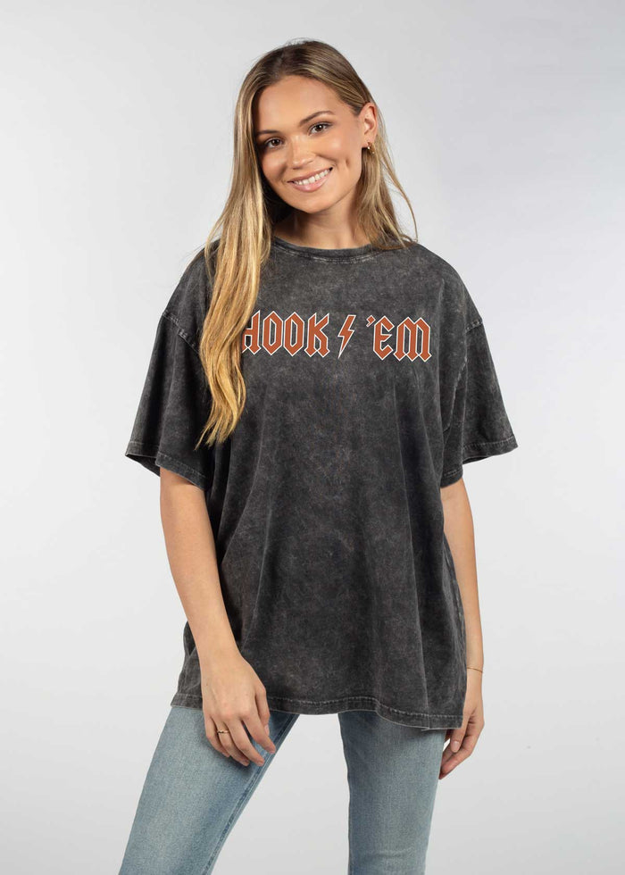 Texas Longhorns Unisex Graphite Oversized Mineral wash T-Shirt with Lived-in feel and look, short sleeve, crew neck and drop shoulders