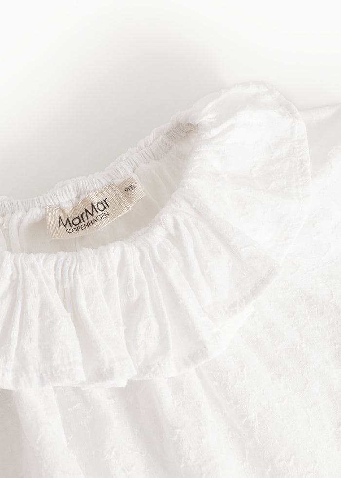 White baby blouse with elastic neckline and pleated collar, MarMar Copenhagen label