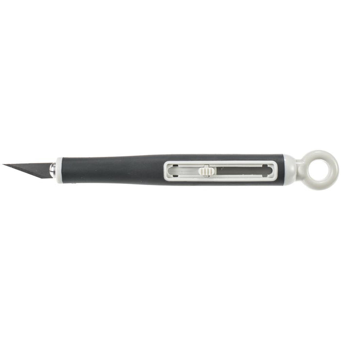 Tim Holtz - Retractable Craft Knife W/3 Blades. Perfect for crafting, rubber stamping and scrapbooking! This package contains one retractable craft knife and two spare blades. WARNING: Sharp edge. Imported. Available at Embellish Away located in Bowmanville Ontario Canada.