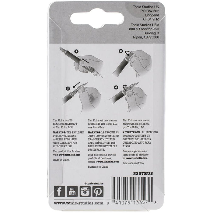 Tim Holtz - Retractable Craft Knife Refill Blades - 5 per Pkg. Be prepared with these spare replacement blades by Tonic Studios. For use with item 3356eUS Tim Retractable Craft Knife (sold separately). Imported. Available at Embellish Away located in Bowmanville Ontario Canada.
