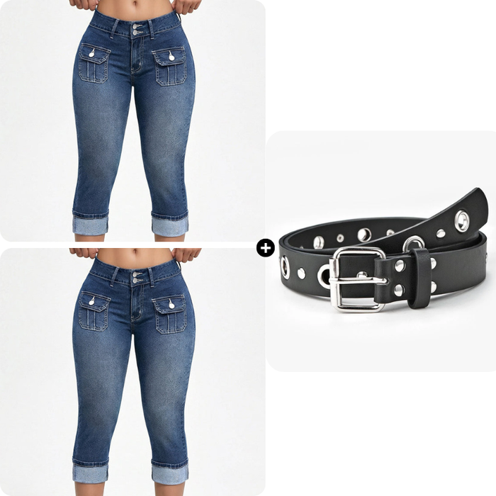 Tovixa - Pantalon Femme Capri Denim Stretch Coupe Ajustée Taille Mi Haute