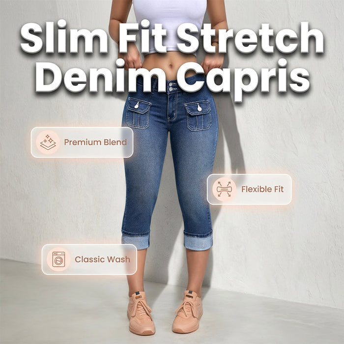 Tovixa - Pantalon Femme Capri Denim Stretch Coupe Ajustée Taille Mi Haute