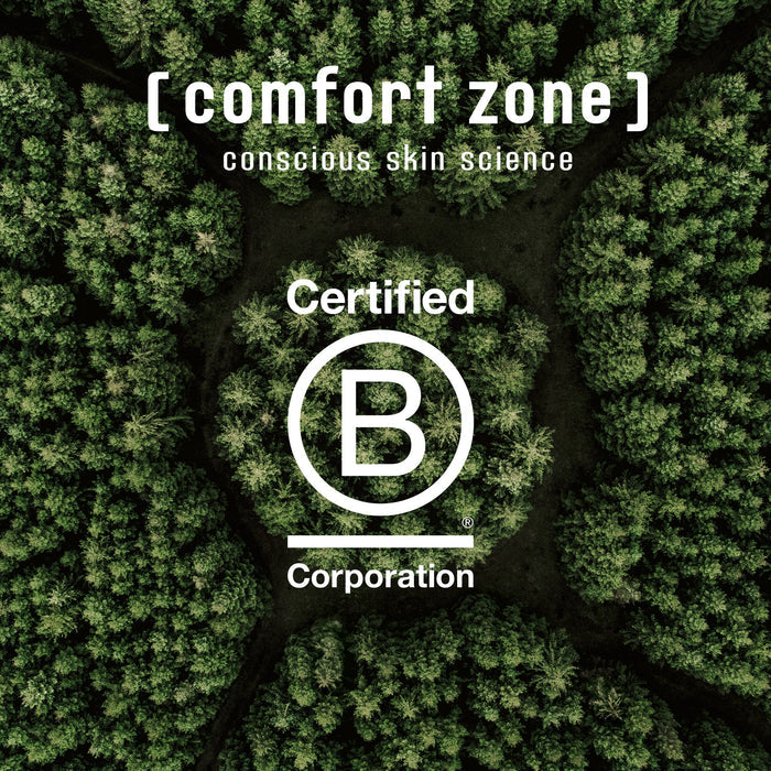 Aerial view of a dense green forest with the text "[ comfort zone ] conscious skin science Certified B Corporation" overlaid, promoting the Tranquillity Candle | [ comfort zone ].