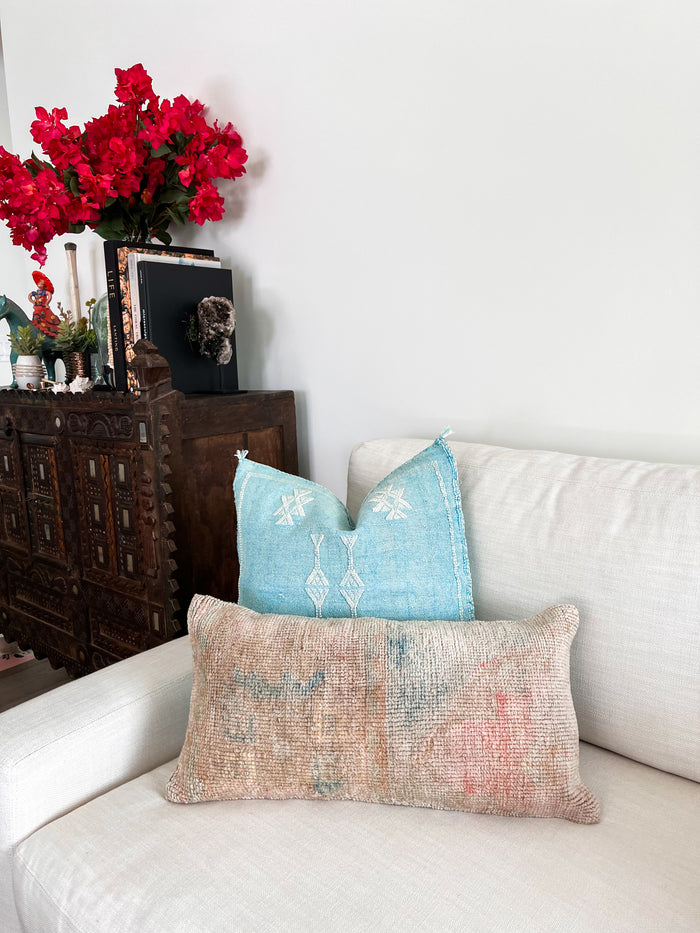 Handmade Turkish oushak pillow cover made with vintage rugs 12x24 pastel