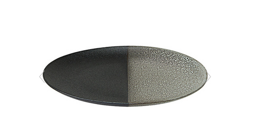 Two-tone grey and black round platter on a white background.