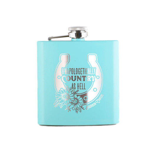 Teal flask with Unapologetically Country design