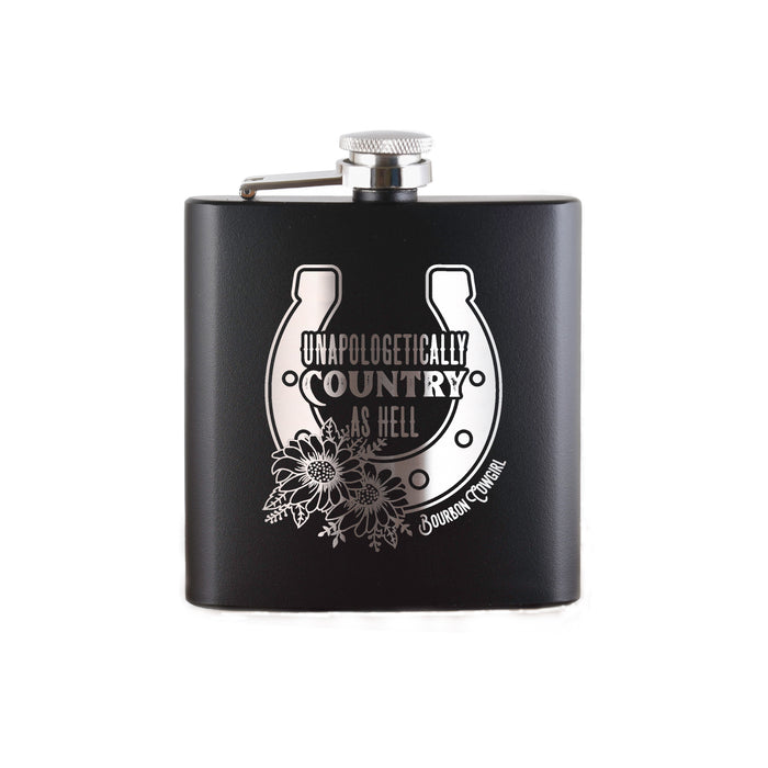 Black flask with Unapologetically Country design