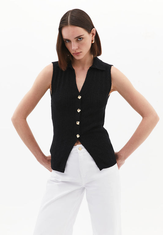 V Neck Boucle Vest - BLACK