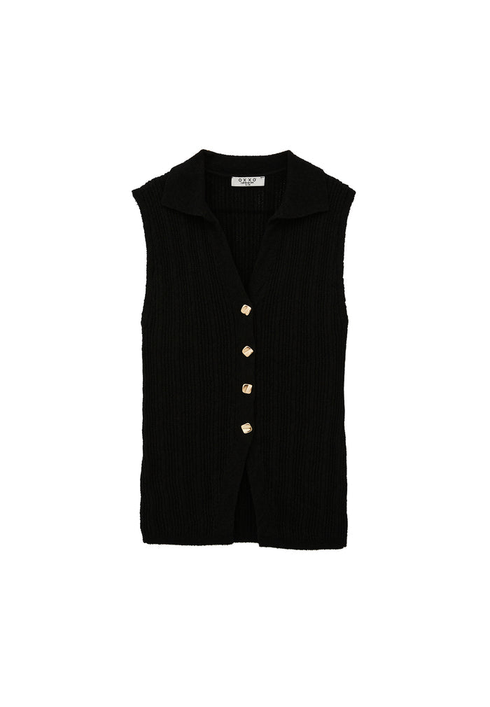 V Neck Boucle Vest - BLACK