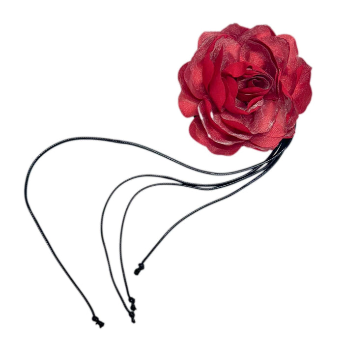 Victoria red flower neck tie with layered fabric rose and adjustable black ties, elegant girls floral accessory for holiday and special occasion outfits