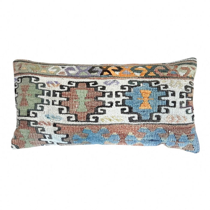 traditional Handmade Turkish kilim pillow cover made with vintage rugs 12x24 brown blue orange