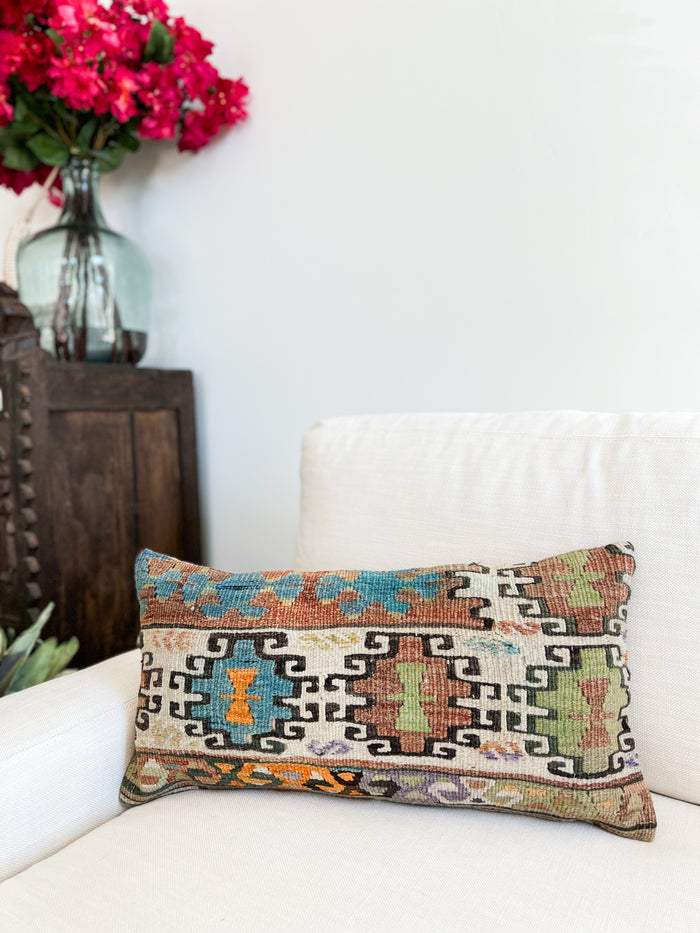 traditional Handmade Turkish kilim pillow cover made with vintage rugs 12x24 brown blue orange