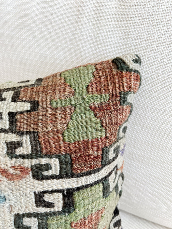 traditional Handmade Turkish kilim pillow cover made with vintage rugs 12x24 brown blue orange