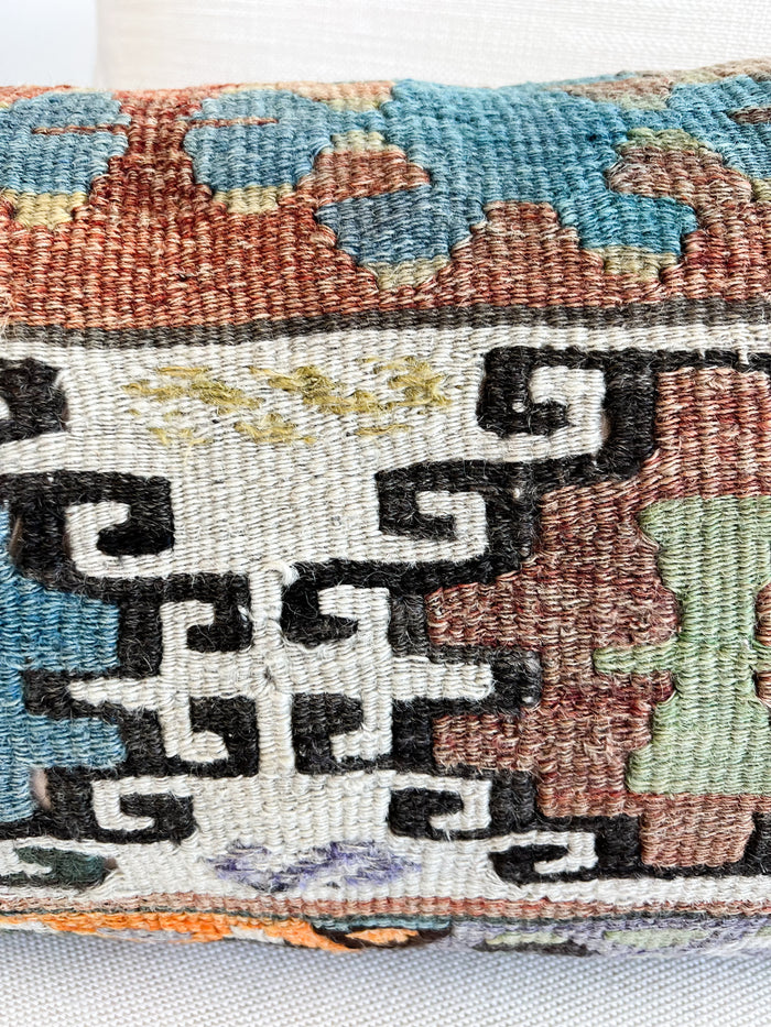 traditional Handmade Turkish kilim pillow cover made with vintage rugs 12x24 brown blue orange