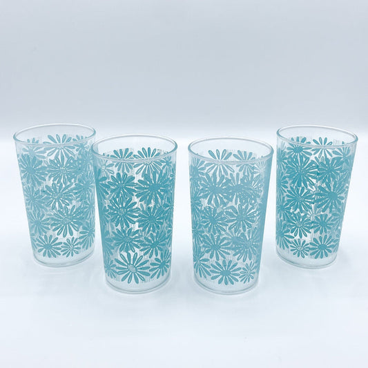 Vintage 1960's Mid-Century Glassware Turquoise Blue Flowers Set of 4