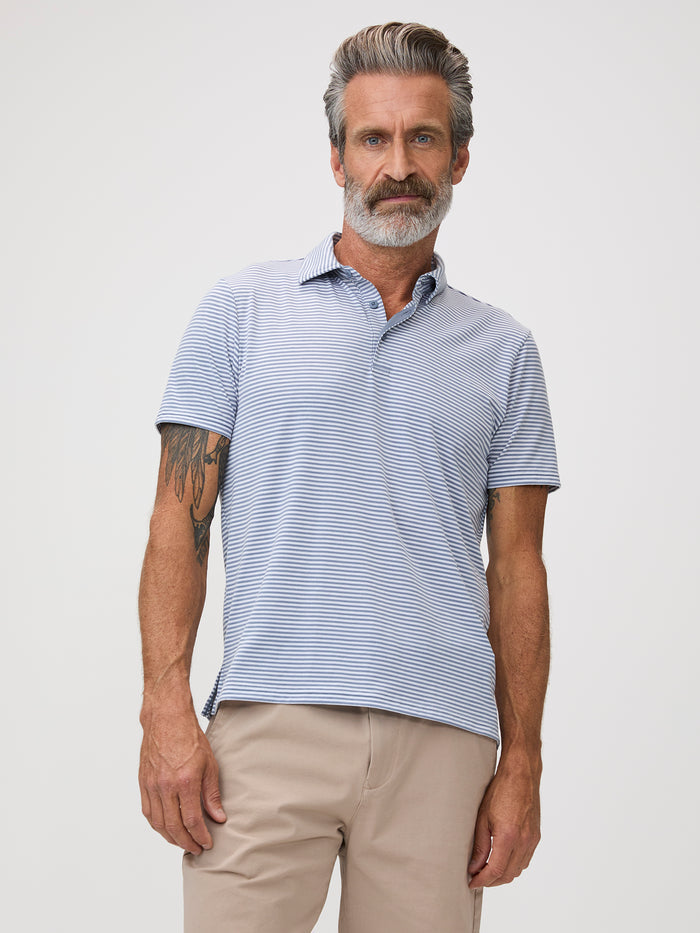 Michael is 6'1" and wears a size M # Performance Polos | Striped | Everyday Style at Fresh Clean Threads