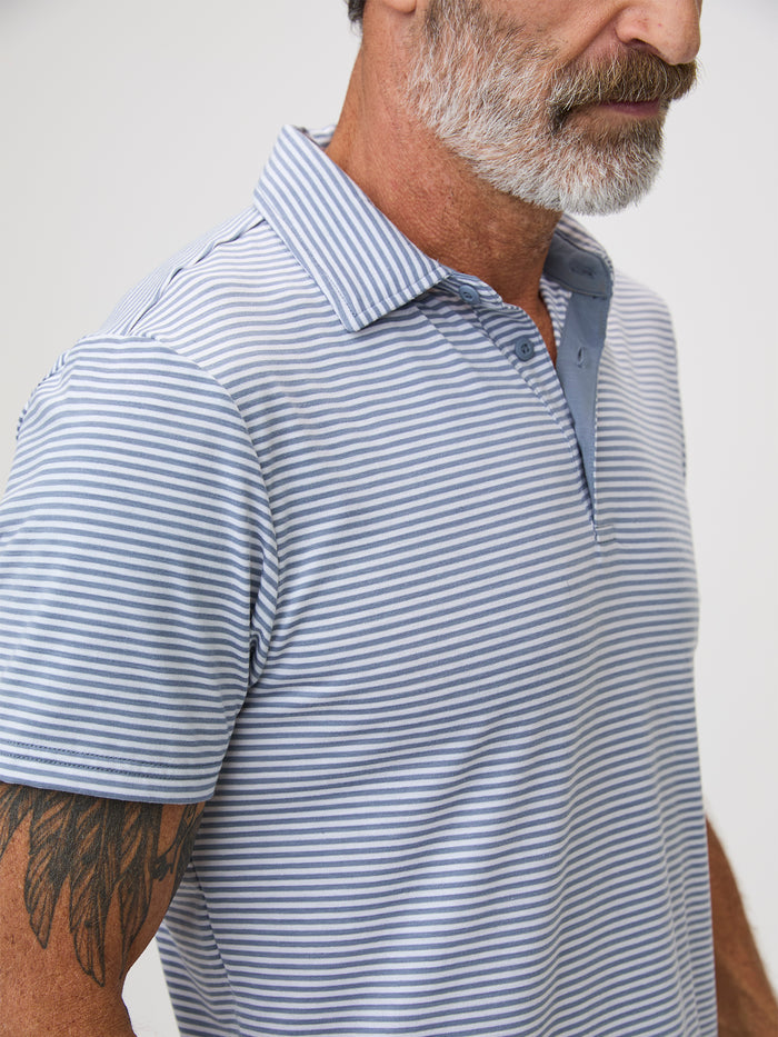 breathable performance fabric # Striped Performance Polo in Wedgewood and White | Fresh Clean Threads