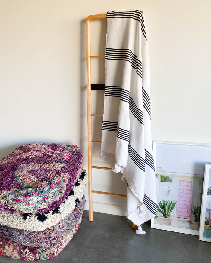 White & Black Stripe handwoven Moroccan pom pom blanket