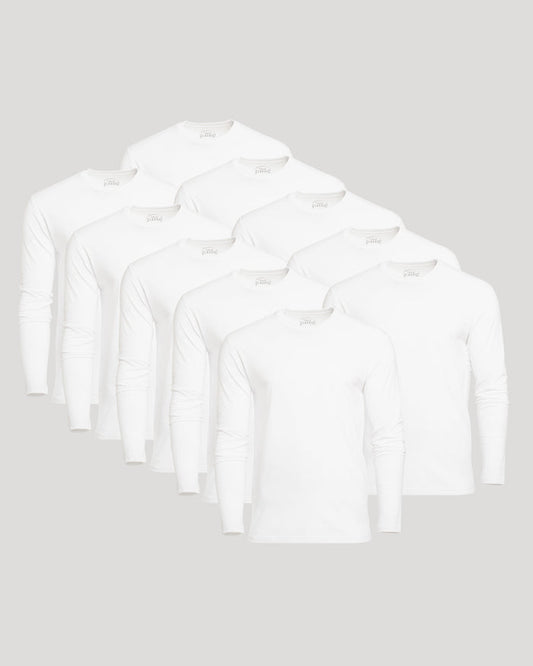 White Classic Long Sleeve Crew Neck 10-Pack arranged in staggered grid.