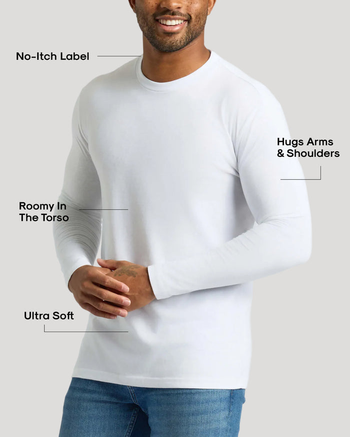 White Classic Long Sleeve Crew Neck 10-Pack modeled by man, showcasing fit and features.