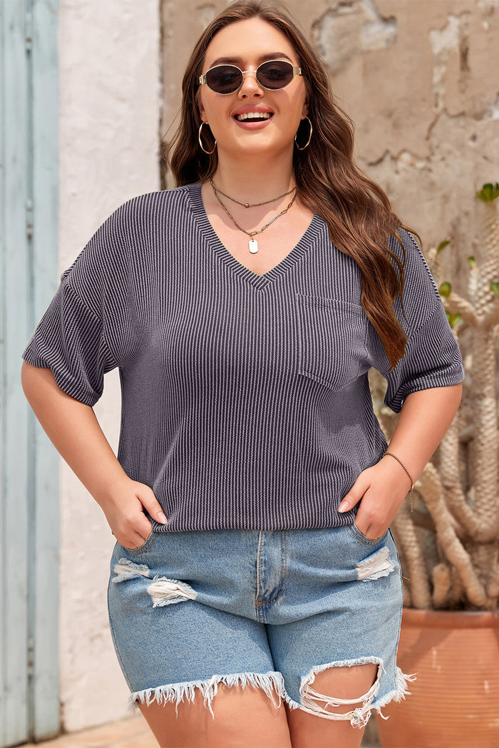 White Textured V-Neck Dropped Shoulder Plus T-Shirt