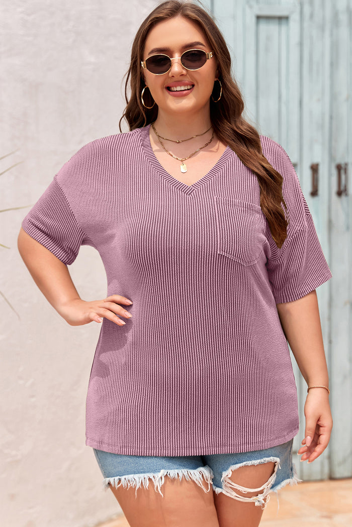 White Textured V-Neck Dropped Shoulder Plus T-Shirt