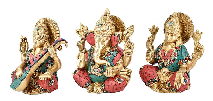 White Whale Brass Brass Lakshmi Ganesh Saraswati Statue Set Idol Home Decor Figurine