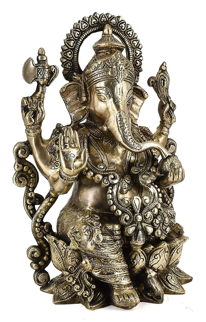 White Whale Brass Lord Ganesha Sitting On Lotus Statue Idol Home Decor Figurine (13 Inches)