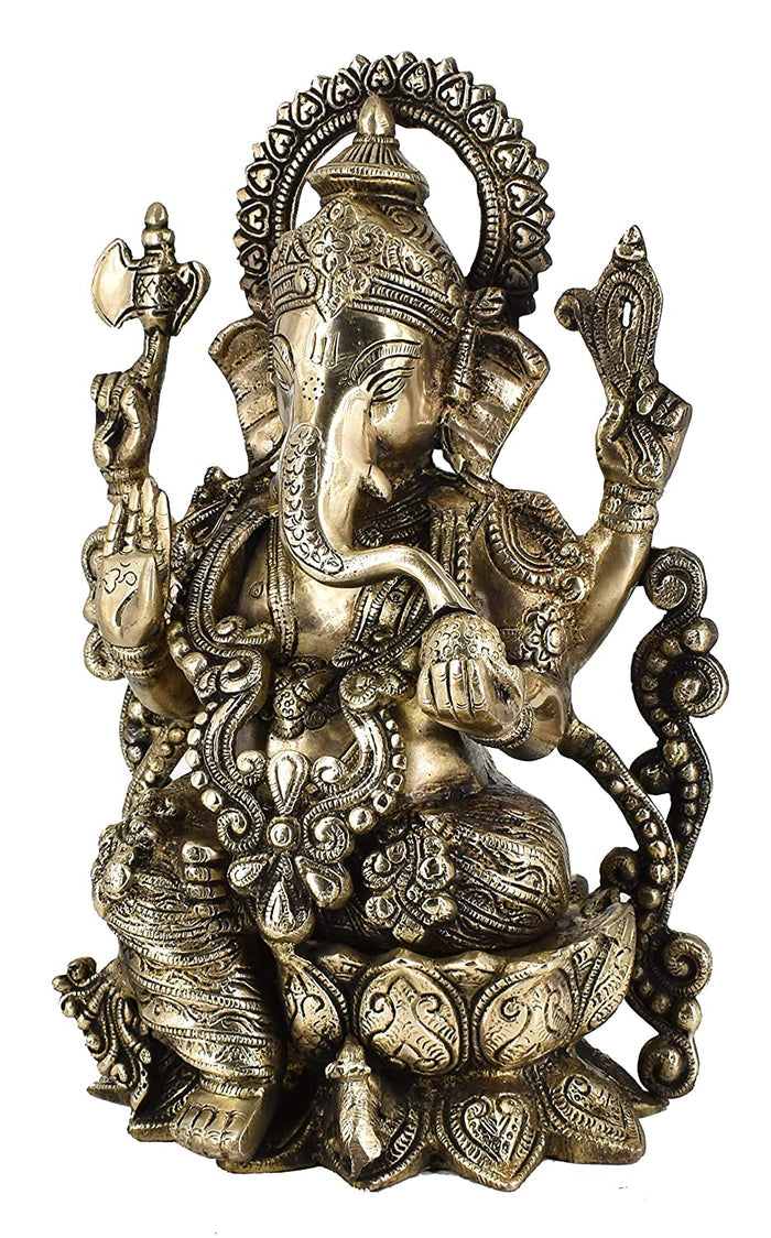 White Whale Brass Lord Ganesha Sitting On Lotus Statue Idol Home Decor Figurine (13 Inches)