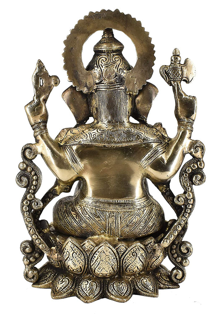 White Whale Brass Lord Ganesha Sitting On Lotus Statue Idol Home Decor Figurine (13 Inches)