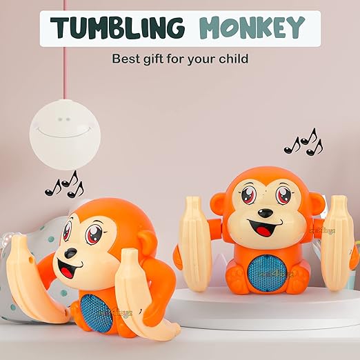 White Whale Dancing Musical Toy for Kids Baby Tumbling Rolling Monkey Doll Toy with Voice Control Sensor Light Music Rotating Arm Sound Toy - Made in India Random Color Dispatch