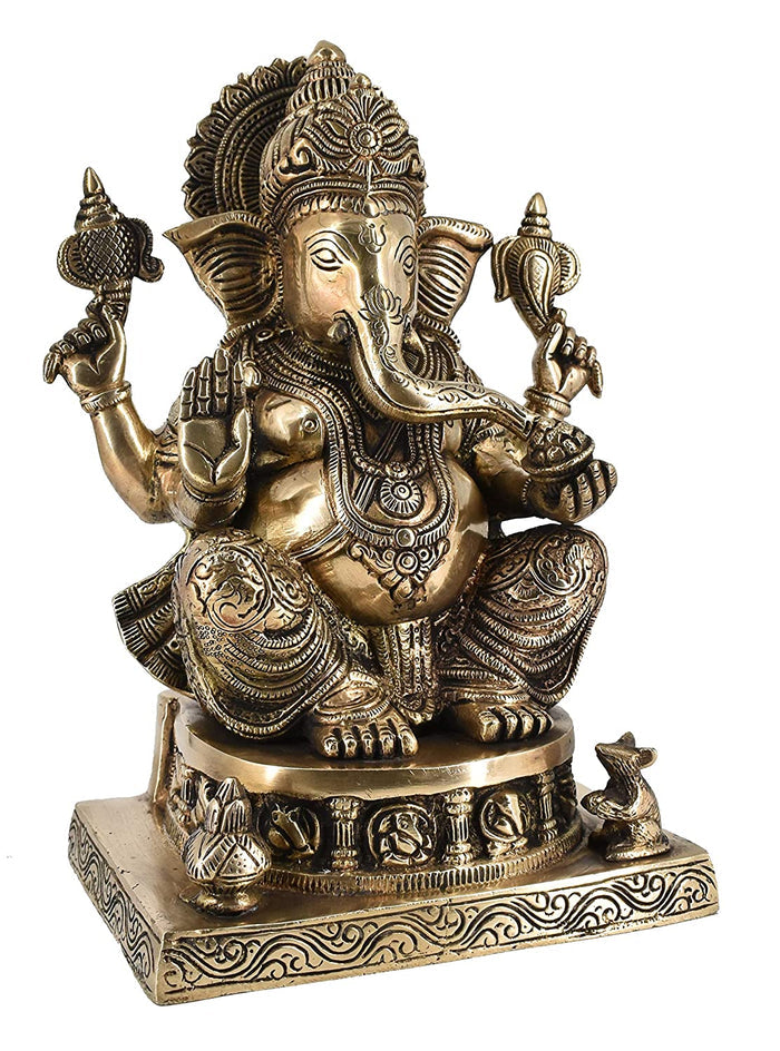 White Whale Lord Ganesha Brass Statue Religious Strength God Sculpture Idol Home Decor Figurine (11 Inches)