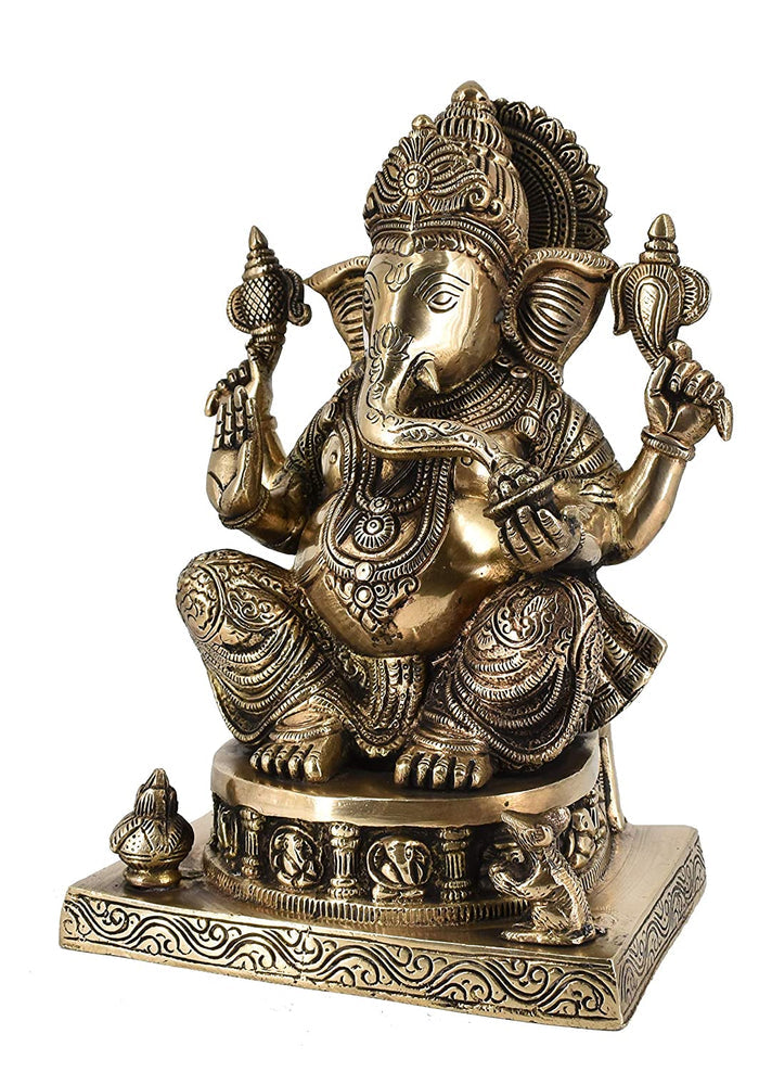 White Whale Lord Ganesha Brass Statue Religious Strength God Sculpture Idol Home Decor Figurine (11 Inches)