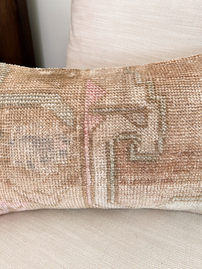 Handmade traditional Turkish oushak pillow cover made with vintage rugs 12x20 beige tan taupe