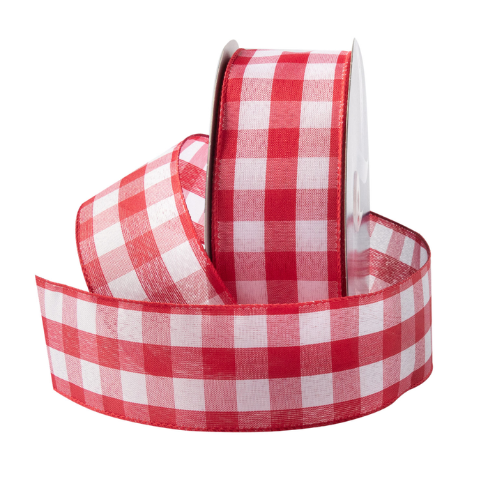 WIRED CHECKERED RIBBON - Red/White - 50-Yards per Roll/ 12-Rolls per Case