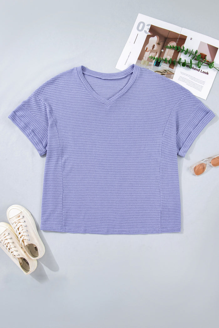 Wisteria V Neck Short Sleeve Plus Size Waffle Knit Top