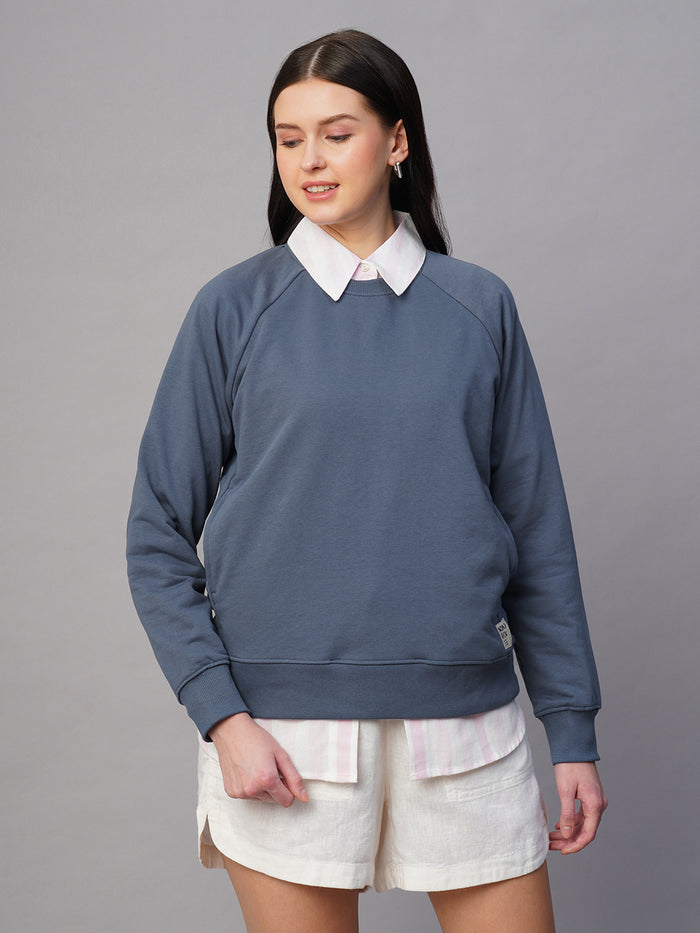 Women's Blue Organic Cotton Regular Fit Sweatshirt Light