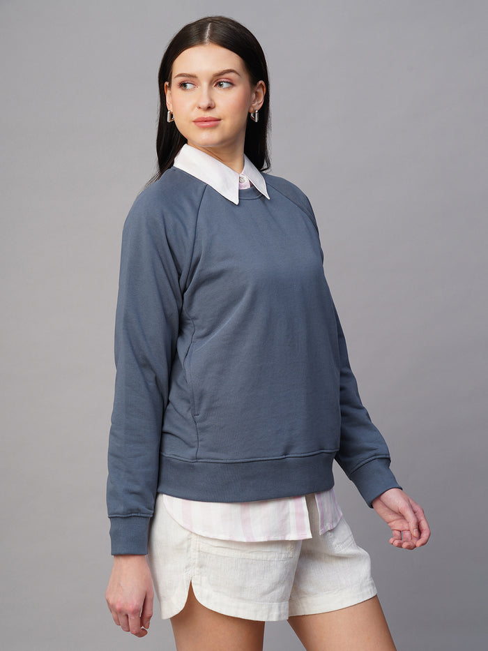 Women's Blue Organic Cotton Regular Fit Sweatshirt Light
