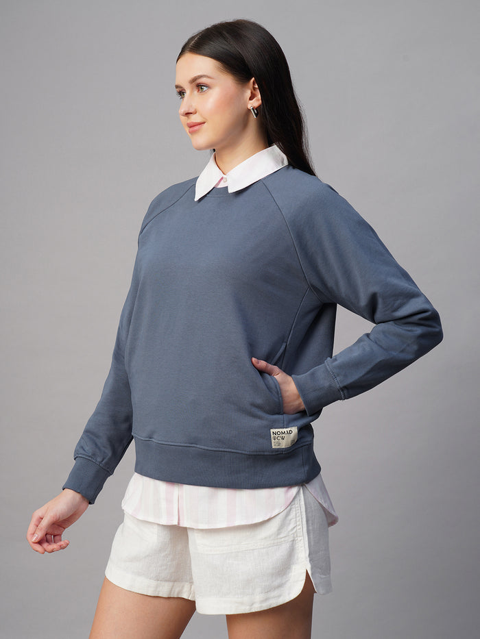 Women's Blue Organic Cotton Regular Fit Sweatshirt Light