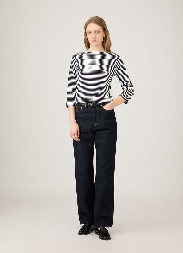 Women's Boat Neck T-shirt in White/Navy English Stripe