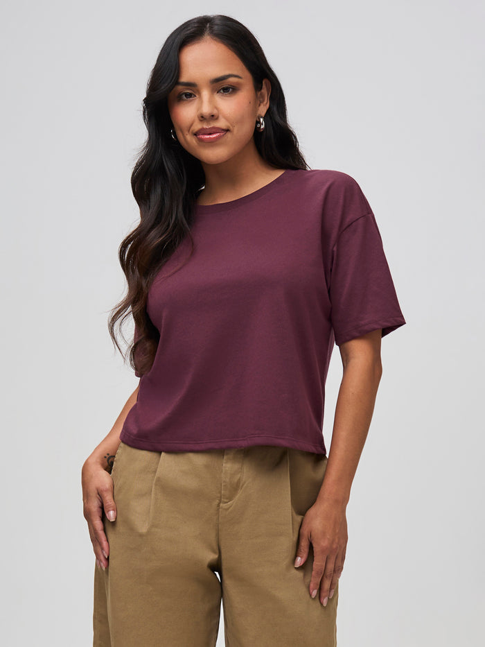 Nathalie is 5'6" and wears a size S # The Boxy Tee in Merlot | Slouchy, Slightly Cropped Fit Tee | Women's Style at Fresh Clean Threads