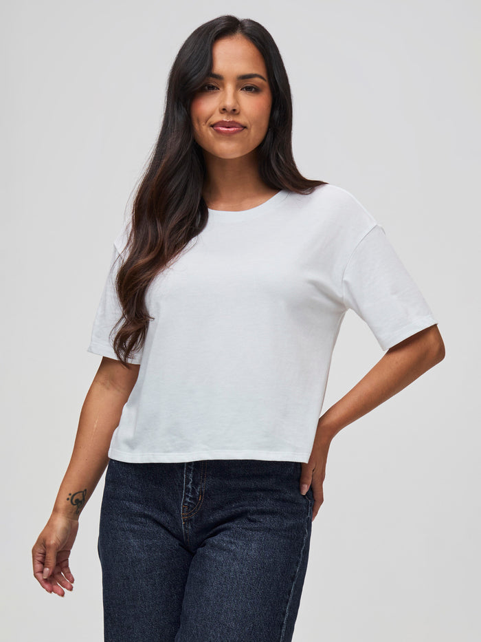 Nathalie is 5'6" and wears a size S # White Boxy Tee  | Cropped Style