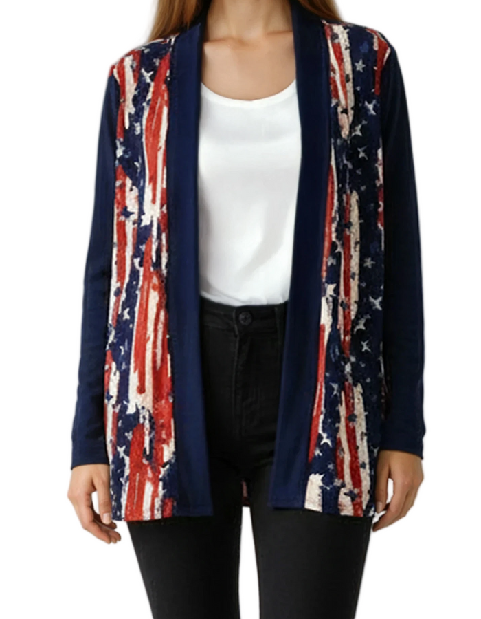 Women's Made in USA Patriotic Twist – Stars & Stripes Cardigan with Navy Sleeves - The Flag Shirt