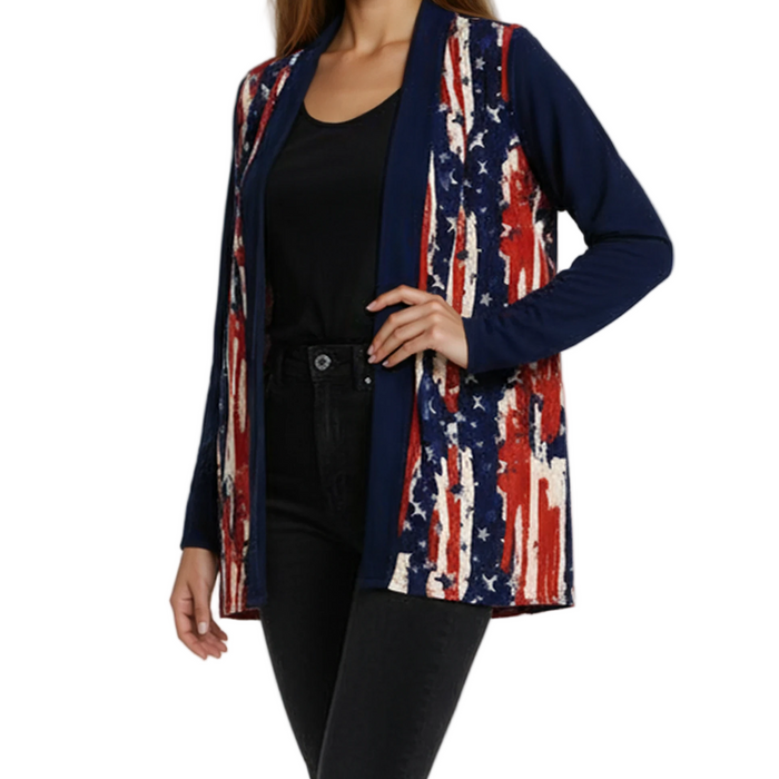 Women's Made in USA Patriotic Twist – Stars & Stripes Cardigan with Navy Sleeves - The Flag Shirt