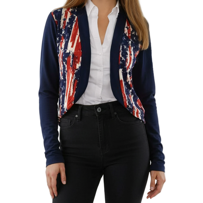 Women's Made in USA Patriotic Twist – Stars & Stripes Cardigan with Navy Sleeves - The Flag Shirt