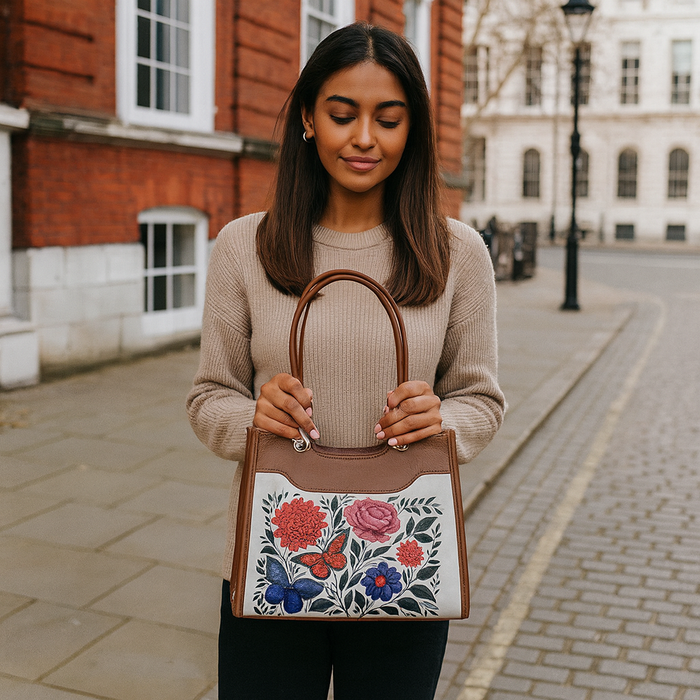 Women's handpainted flowers satchel crossbody bag for work, travel, and daily use-model image
