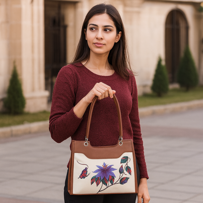 Women's handpainted floral satchel crossbody bag for work, travel, and daily use-model image