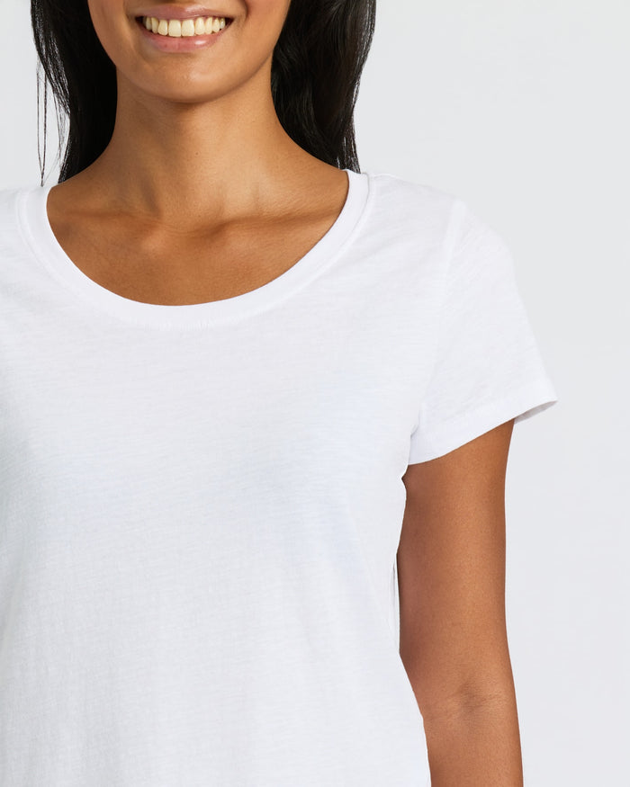 Woman wearing the Womens Black & White Slub Scoop Neck Tee 2-Pack.